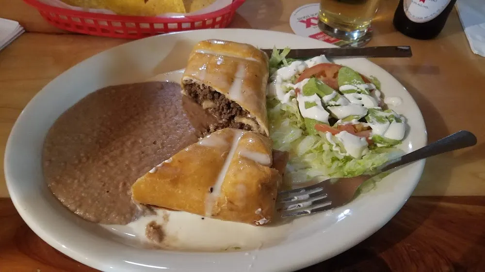 Beef Chimichanga with Beans & Salad